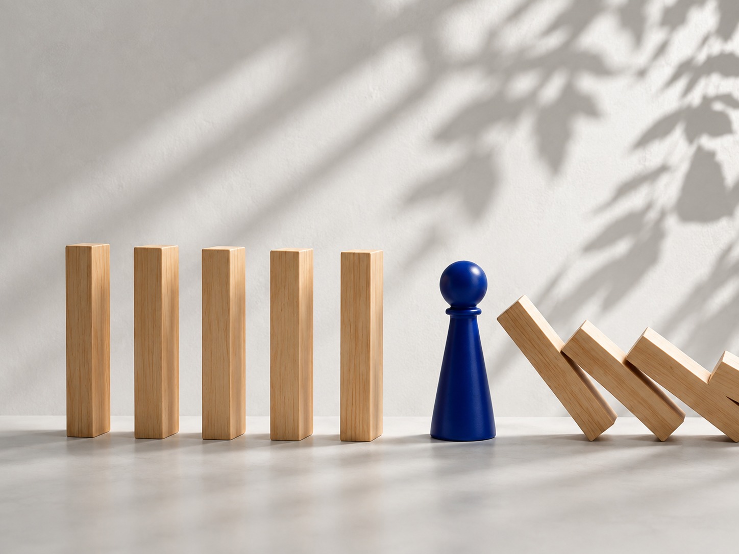 A row of upright wooden blocks, and a blue pawn holding back a line of blocks toppling towards them